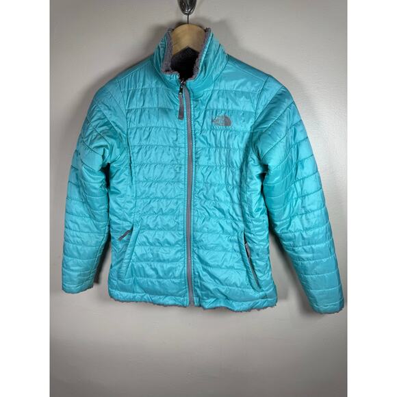 The North Face Girls' Reversible Mossbud Jacket Gray blue large - Picture 1 of 8